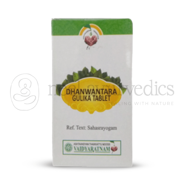 Composición de la tableta Vaidyaratnam Dhanwanthari (Dhanwantharam) Gulika: Ella Viswa Abhaya Jati Brihati Aria Jeeraka Cheenoshana Karigudha Bhunimba Rudraksha Suradaru Karpoora Mriga rethasa Beneficios de la tableta Vaidyaratnam Dhanwanthari (Dhanwantharam) Gulika: Tos Hipo Vómitos Trastornos del vata Dosis de la tableta Vaidyaratnam Dhanwanthari (Dhanwantharam) Gulika: 1-2 tabletas una o tres veces al día Según lo indique el médico